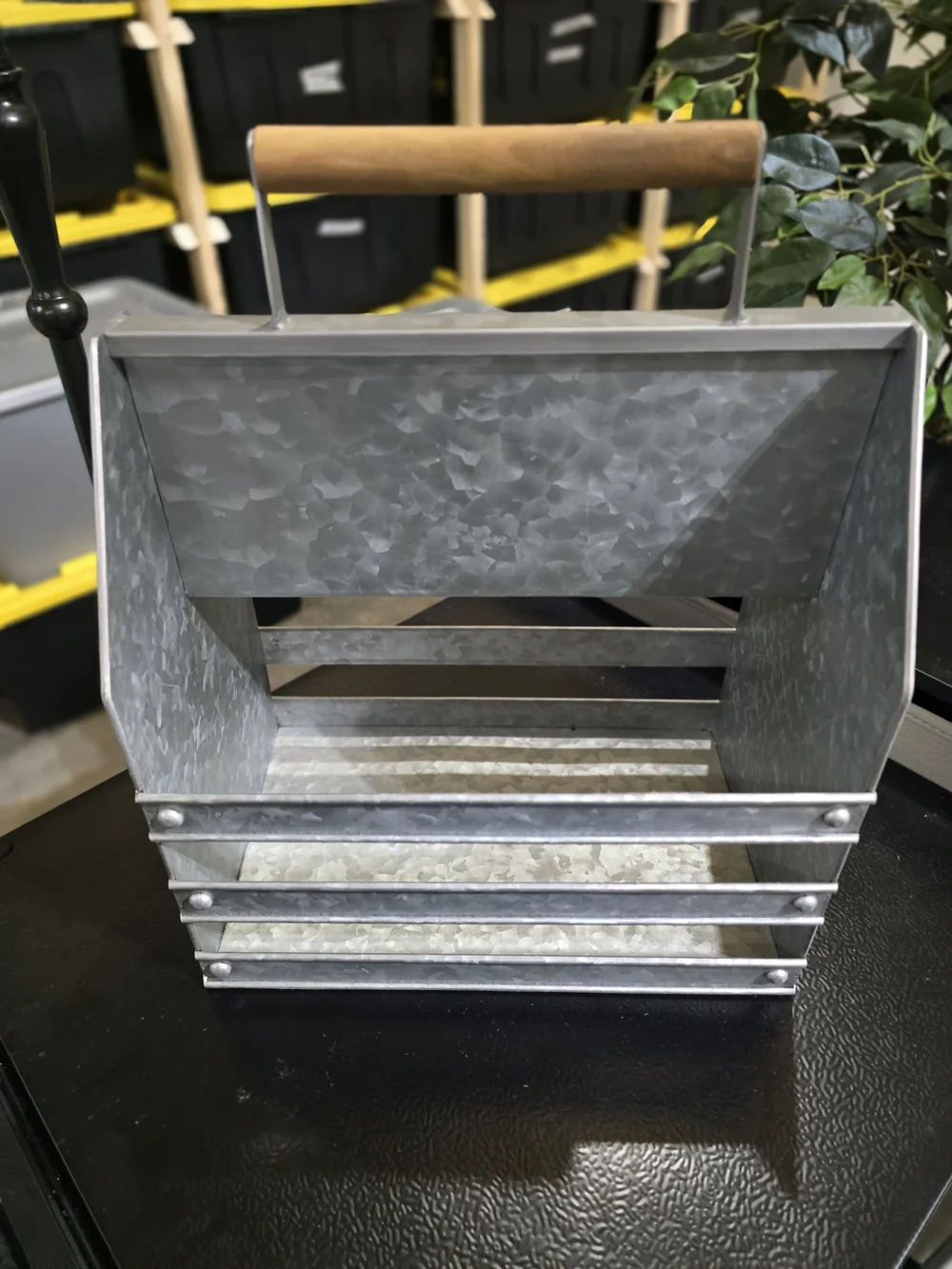 Galvanized Metal Caddy with Wooden Handle - Industrial Farmhouse Style.